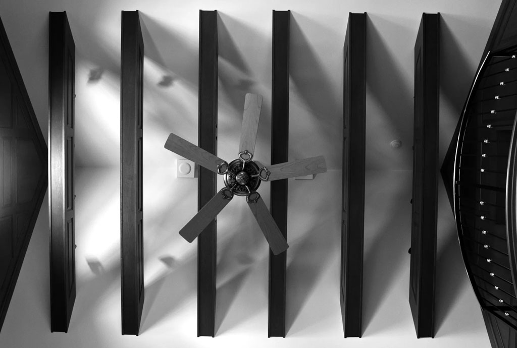 Black and white view of a vaulted ceiling with exposed wood beams and a central ceiling fan, viewed from directly below.